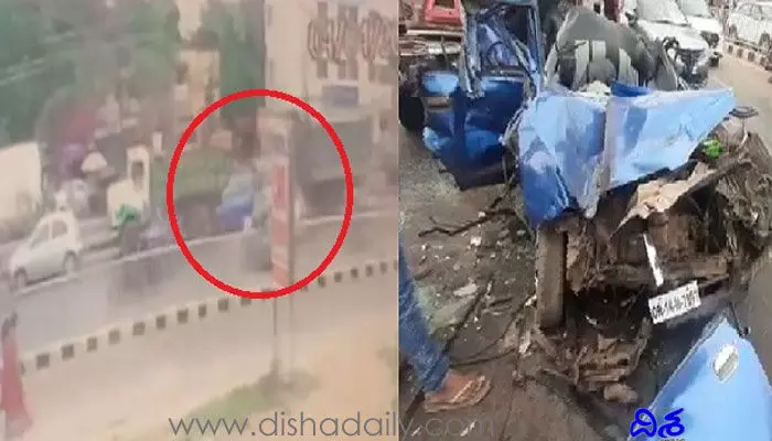 రెండు ట్రక్కుల మధ్య కారు నుజ్జునుజ్జు రెండు ట్రక్కుల మధ్య కారు నుజ్జునుజ్జు