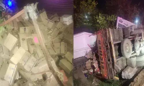 మద్యం బాటిళ్లతో వెళ్తున్న వ్యాన్ బోల్తా