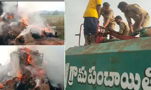 షార్ట్ సర్క్యూట్‌తో డీసీఎంలో తీసుకెళ్తున్న గడ్డి దగ్ధం