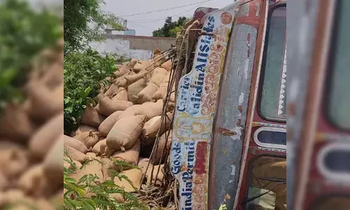 ధాన్యం లోడ్ తో వెళ్తున్న లారీ బోల్తా