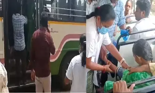 బస్సులో‌ మహిళకి ఫిట్స్.. నేరుగా ఆస్పత్రి వద్దకు బస్సు.. డ్రైవర్ సమయస్ఫూర్తి