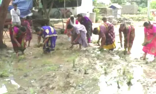 protest : రహదారిపై నాట్లు వేసి నిరసన
