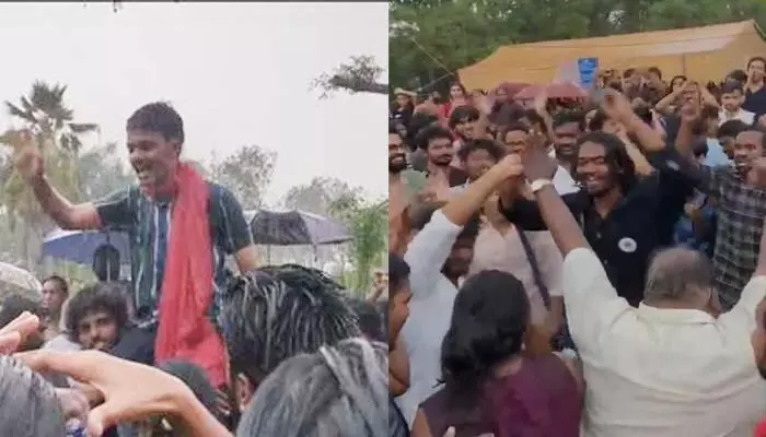 HCUలో సంబరాలు.. వర్షంలో పాటలు పాడుతూ చిందులేసిన విద్యార్థులు! HCUలో సంబరాలు.. వర్షంలో పాటలు పాడుతూ చిందులేసిన విద్యార్థులు!