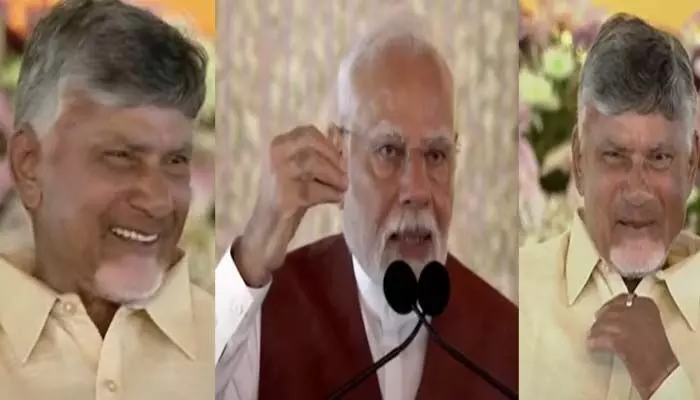 తెలుగులో మాట్లాడిన ప్రధాని మోడీ.. మురిసిపోయిన సీఎం చంద్రబాబు తెలుగులో మాట్లాడిన ప్రధాని మోడీ.. మురిసిపోయిన సీఎం చంద్రబాబు
