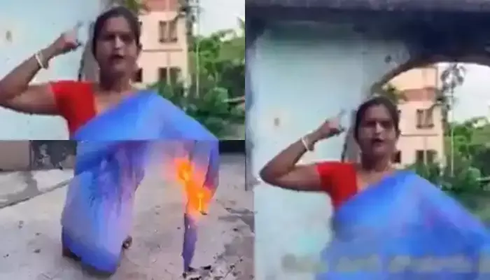 ఫేమస్ కావడానికి ఇంత తెగింపా.. ఒంటిపై ఉన్న చీరను కూడా తగలబెట్టుకుందిగా.. ?