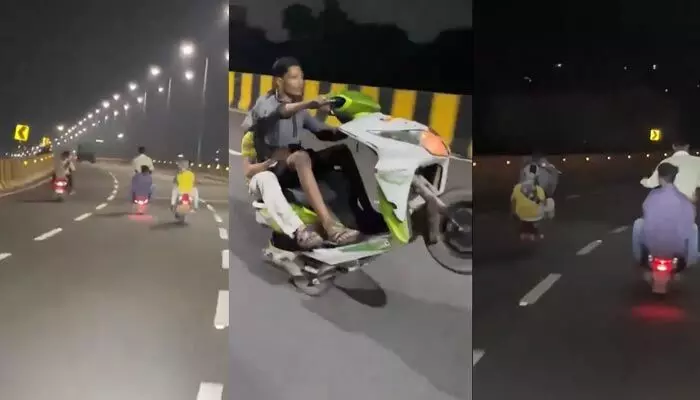 Dangerous stunts: అర్ధరాత్రి ఫ్లైఓవర్పై ఇవేం పనులు! రెచ్చిపోతున్న పోకిరీలు.. Dangerous stunts: అర్ధరాత్రి ఫ్లైఓవర్పై ఇవేం పనులు! రెచ్చిపోతున్న పోకిరీలు..