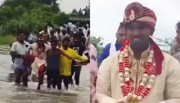 భారీ వర్షం...పెళ్లి కొడుకుని ఎత్తుకుని వాగు దాటించిన బంధువులు..!