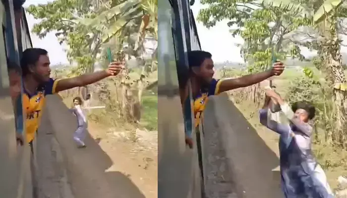 రన్నింగ్ ట్రైన్ లో సెల్ఫీలు...కర్రతో కొట్టి, తిక్క కుదిర్చాడుగా!