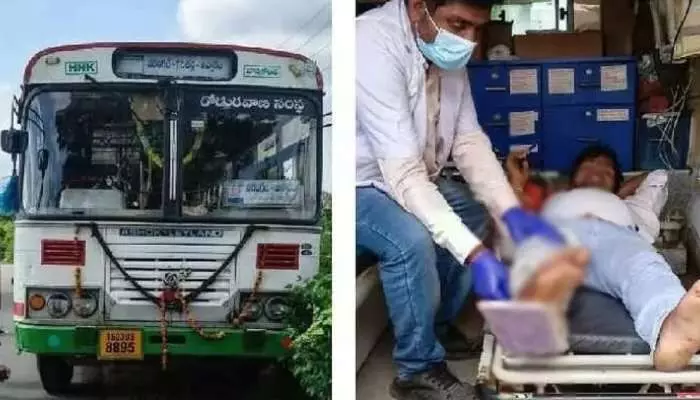 ఆర్టీసీ బస్సు టైర్ పగిలి పెను ప్రమాదం ! ఆర్టీసీ బస్సు టైర్ పగిలి పెను ప్రమాదం !