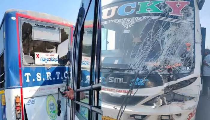 కారును ఢీ కొన్న ఆర్టీసీ బస్సు.. దాని వెనుక మిని ట్రావెల్స్ ఢీ..! కారును ఢీ కొన్న ఆర్టీసీ బస్సు.. దాని వెనుక మిని ట్రావెల్స్ ఢీ..!