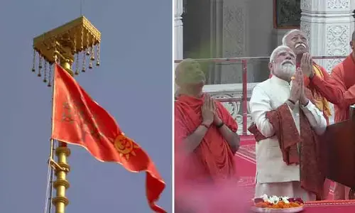 అయోధ్యలో చారిత్రక ధ్వజారోహణం పూర్తి.. 191 అడుగుల ఎత్తులో రెపరెపలాడుతున్న కాషాయం జెండా