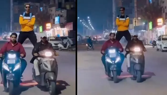 అజయ్ దేవగన్ సీన్ రిపీట్.. మన హైదరాబాద్ యువకుల డేంజరస్ స్టంట్.. రీల్స్ పిచ్చిలో భాగమే! అజయ్ దేవగన్ సీన్ రిపీట్.. మన హైదరాబాద్ యువకుల డేంజరస్ స్టంట్.. రీల్స్ పిచ్చిలో భాగమే!