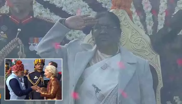 కర్తవ్యపథ్లో జాతీయ జెండాను ఆవిష్కరించిన ద్రౌపది ముర్ము.. ఆంటోనియో కోస్టా, ఉర్సులా వాన్ డెర్ లేయన్కు ఘన స్వాగతం కర్తవ్యపథ్లో జాతీయ జెండాను ఆవిష్కరించిన ద్రౌపది ముర్ము.. ఆంటోనియో కోస్టా, ఉర్సులా వాన్ డెర్ లేయన్కు ఘన స్వాగతం