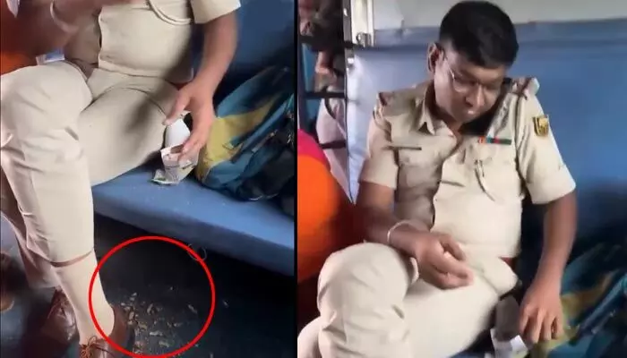 Viral: ఇదేం చెత్త పని సార్? రైలులో పల్లీలు తింటూ అక్కడే పొట్టు పడేసిన పోలీస్ అధికారి! Viral: ఇదేం చెత్త పని సార్? రైలులో పల్లీలు తింటూ అక్కడే పొట్టు పడేసిన పోలీస్ అధికారి!