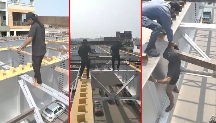 ప్రాణాలతో చెలగాటం: సంతోష్ నగర్ స్టీల్ బ్రిడ్జి పనుల్లో గాలికొదిలేసిన భద్రత! ప్రాణాలతో చెలగాటం: సంతోష్ నగర్ స్టీల్ బ్రిడ్జి పనుల్లో గాలికొదిలేసిన భద్రత!