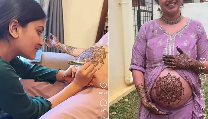 Viral : మాతృత్వపు వేడుకలు : బేబీ బంప్ మెహందీ.. నయా ట్రెండ్ వైరల్ Viral : మాతృత్వపు వేడుకలు : బేబీ బంప్ మెహందీ.. నయా ట్రెండ్ వైరల్