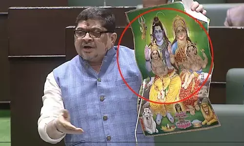 అసెంబ్లీలో శివుని చిత్రపటంతో మంత్రి పొన్నం..  ప్రతిపక్షం అభ్యంతరం