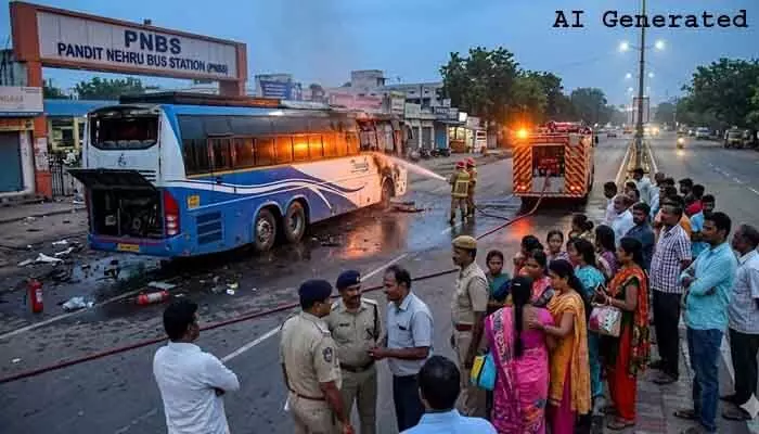 బస్టాండ్ ఎదురుగా ప్రైవేట్ బస్సులో చెలరేగిన మంటలు.. బస్సులో 35 మంది? బస్టాండ్ ఎదురుగా ప్రైవేట్ బస్సులో చెలరేగిన మంటలు.. బస్సులో 35 మంది?