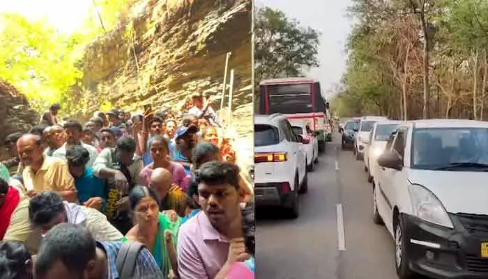సలేశ్వరం యాత్రకు పోటెత్తిన భక్తులు.. కిలోమీటర్ల మేర నిలిచిన వాహనాలు సలేశ్వరం యాత్రకు పోటెత్తిన భక్తులు.. కిలోమీటర్ల మేర నిలిచిన వాహనాలు