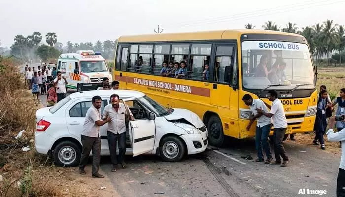 షాకింగ్: స్కూల్ బస్సును ఢీకొన్న అతివేగపు కారు! షాకింగ్: స్కూల్ బస్సును ఢీకొన్న అతివేగపు కారు!