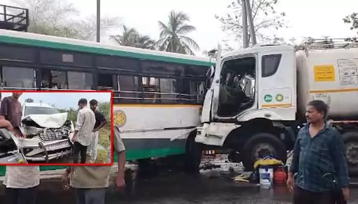 నేషనల్ హైవేపై రోడ్డు ప్రమాదం.. ఆర్టీసీ బస్సు, ట్యాంకర్, కారు ఢీ.. నేషనల్ హైవేపై రోడ్డు ప్రమాదం.. ఆర్టీసీ బస్సు, ట్యాంకర్, కారు ఢీ..