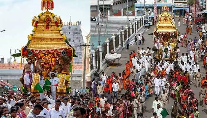 స్వర్ణరథంపై సిరుల తల్లి.. కనులవిందుగా తిరుచానూరు వసంతోత్సవాలు స్వర్ణరథంపై సిరుల తల్లి.. కనులవిందుగా తిరుచానూరు వసంతోత్సవాలు