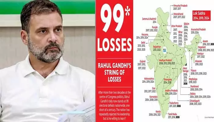 సెంచరీకి చేరువలో రాహుల్.. 99 ఓటములతో రికార్డ్ అంటూ BJP సెటైర్ సెంచరీకి చేరువలో రాహుల్.. 99 ఓటములతో రికార్డ్ అంటూ BJP సెటైర్