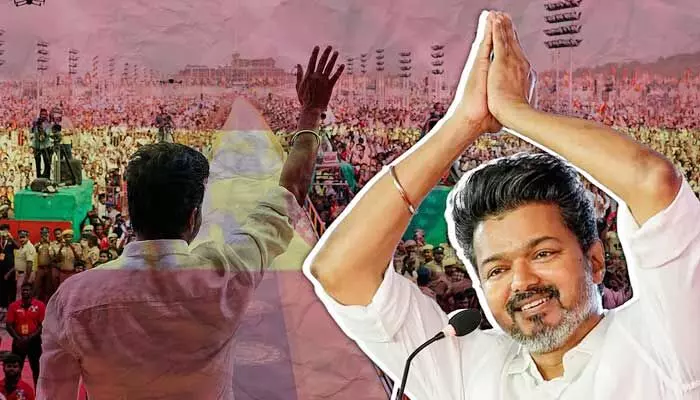 తమిళనాడులో దళపతి శకం మొదలు: గ్రీన్ సిగ్నల్ ఇచ్చిన గవర్నర్.. రేపే విజయ్ ప్రమాణ స్వీకారం తమిళనాడులో దళపతి శకం మొదలు: గ్రీన్ సిగ్నల్ ఇచ్చిన గవర్నర్.. రేపే విజయ్ ప్రమాణ స్వీకారం