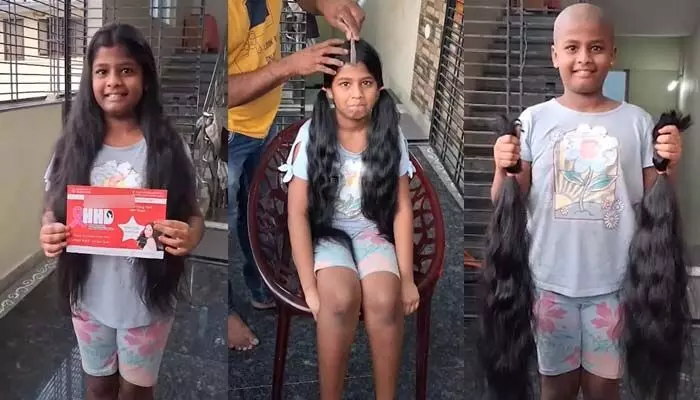 చిన్న వయసులో పెద్ద మనసు.. క్యాన్సర్ బాధితుల కోసం జుట్టును దానం చేసిన నాగోల్ చిన్నారి చిన్న వయసులో పెద్ద మనసు.. క్యాన్సర్ బాధితుల కోసం జుట్టును దానం చేసిన నాగోల్ చిన్నారి