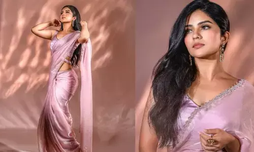 పింక్ శారీలో హాట్ యాంగిల్స్‌లో అదరగొట్టిన మేఘా శెట్టి
