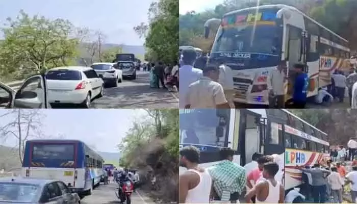 మట్టిలో ఇరుక్కుపోయిన బస్సు.. 10 కి.మీ మేర ట్రాఫిక్ జామ్ మట్టిలో ఇరుక్కుపోయిన బస్సు.. 10 కి.మీ మేర ట్రాఫిక్ జామ్
