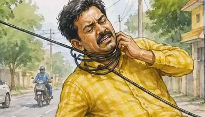 మెడకు ఇంటర్నెట్ కేబుల్ చుట్టుకుని స్కూటీదారుడికి తీవ్ర గాయాలు మెడకు ఇంటర్నెట్ కేబుల్ చుట్టుకుని స్కూటీదారుడికి తీవ్ర గాయాలు