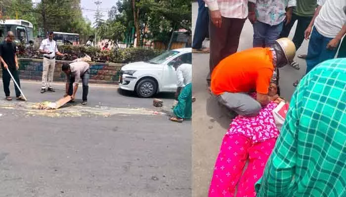 రోడ్డుపై పడ్డ వ్యర్ధాలు... పడిపోయిన ప్రయాణికులు రోడ్డుపై పడ్డ వ్యర్ధాలు... పడిపోయిన ప్రయాణికులు