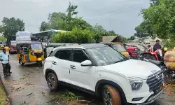 రోడ్డుపై అడ్డంగా పడిపోయిన చెట్లు.. కిలోమీటరు వరకు నిలిచిపోయిన వాహనాలు.