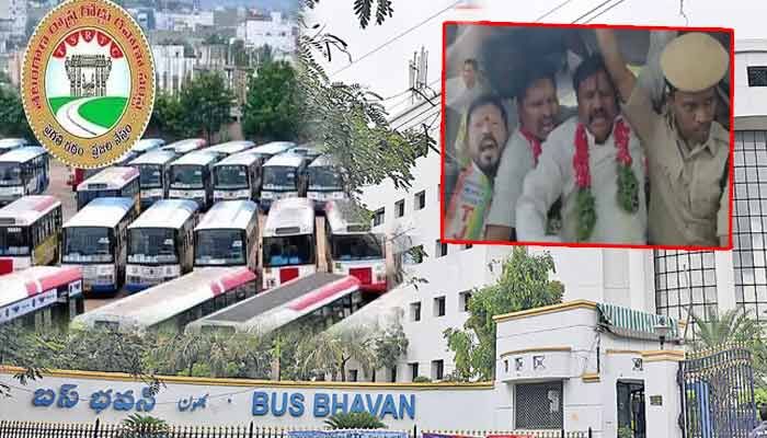బస్ భవన్ వద్ద ఉద్రిక్తత.. టీజేఎంయూ ప్రధాన కార్యదర్శి  అరెస్ట్