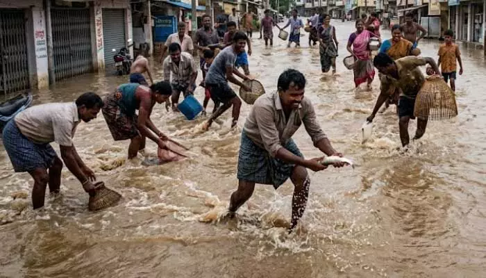భారీ వర్షాలకు నదులుగా మారిన రోడ్లు.. చేపల కోసం ఎగబడ్డ స్థానికులు భారీ వర్షాలకు నదులుగా మారిన రోడ్లు.. చేపల కోసం ఎగబడ్డ స్థానికులు