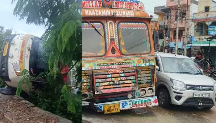 నిద్రమత్తులో సెంటర్ డివైడర్ను ఢీకొట్టిన లారీ.. నిద్రమత్తులో సెంటర్ డివైడర్ను ఢీకొట్టిన లారీ..