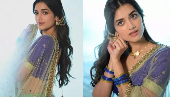 మెడలో హారం, చేతికి గాజులతో భాగ్యశ్రీ బోర్సే అందాల మెరుపు మెడలో హారం, చేతికి గాజులతో భాగ్యశ్రీ బోర్సే అందాల మెరుపు
