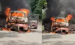 రోడ్డుపైనే కారు దగ్ధం.. క్షణాల్లో వ్యాపించిన మంటలు రోడ్డుపైనే కారు దగ్ధం.. క్షణాల్లో వ్యాపించిన మంటలు