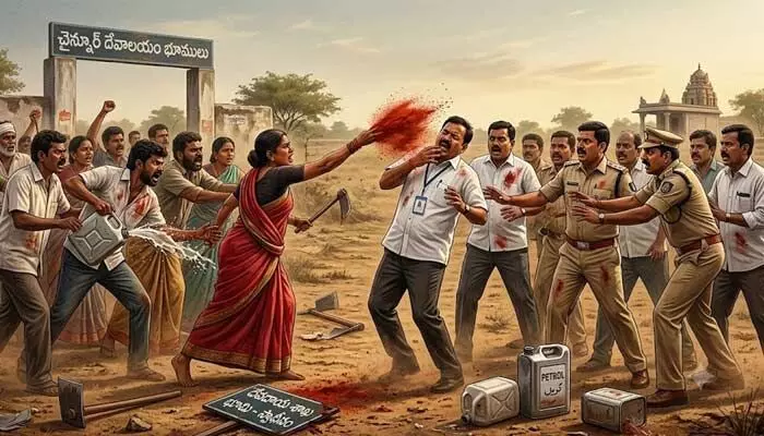 దేవదాయ శాఖ భూములు కబ్జా.. అధికారులపై కారం, పెట్రోల్తో దాడి దేవదాయ శాఖ భూములు కబ్జా.. అధికారులపై కారం, పెట్రోల్తో దాడి