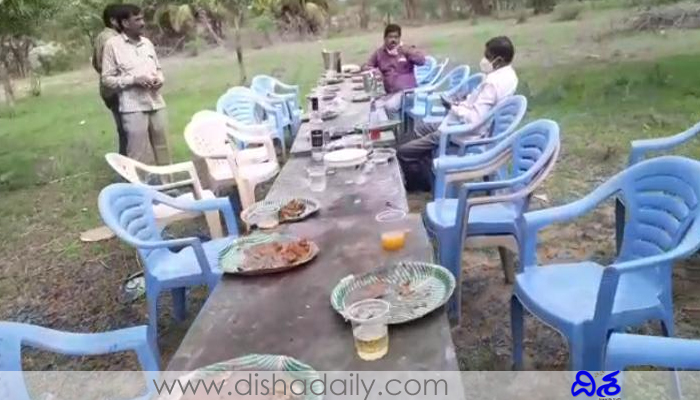 gajwel panchayati raj employees having alcohol drinking party in mango garden